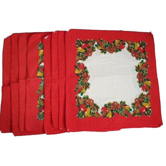 Vintage Christmas Cloth Napkins Red Green Fruit Berries Ribbon Holiday Set of 8 - Picture 1 of 3